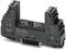 Black DIN rail module with various terminal blocks, marked with 'IN' and 'OUT', indicating electrical signal paths.