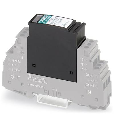 Electronic component for overvoltage protection mounting on a DIN rail, with labelling 'IN' and 'OUT' for connection terminals.