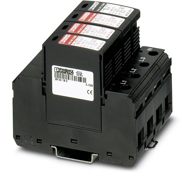 Black electrical component with four pluggable modules, each with a red and white label, mounted on a DIN rail.