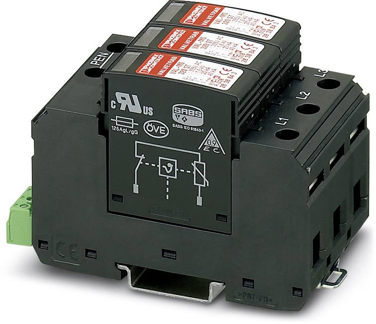 A three-phase surge arrester with technical specifications on labels.