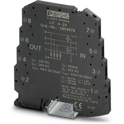 An electronic component by Phoenix Contact, model D-32823 LIT 4-24. Label shows technical details such as input, output, and voltage values.