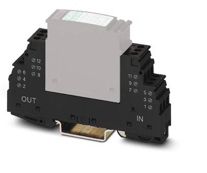 A black relay module with multiple terminal blocks, marked with 'IN' and 'OUT' for electrical connections.