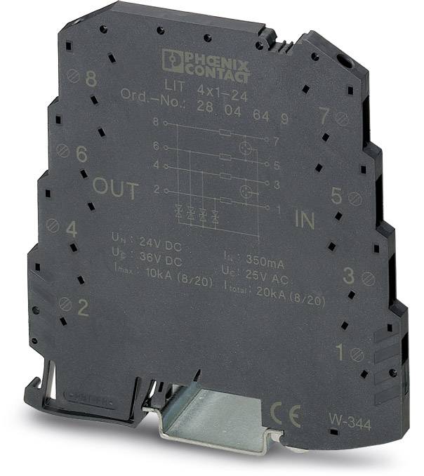 Black protective device with 'PHOENIX CONTACT' label, model 'LIT 4x1-24', for electrical applications, with connections and specifications.