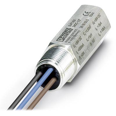 A cylindrical surge protection device with labelling 'Phoenix Contact' and technical specifications, including voltage and current ratings.