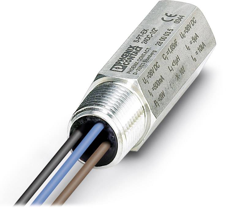 A rectangular industrial connector with three cables in black, blue, and brown, arranged side by side.