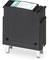 A black electronic component with metal terminals, likely a relay or switch, marked with technical data.