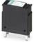 Black safety fuse with two metal pins, suitable for electrical devices, with blue label on top.