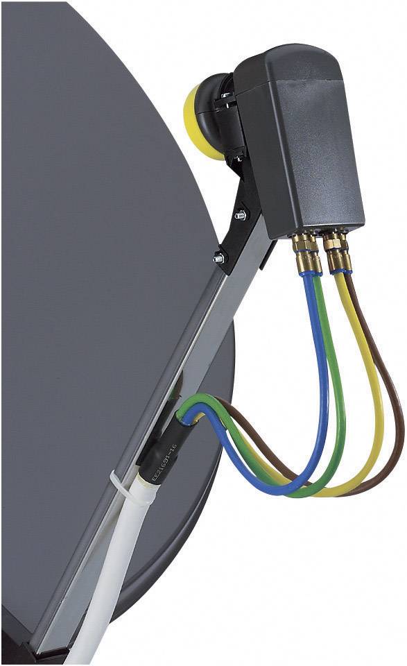 Satellite dish with LNB and four colour-coded cables: yellow, blue, green and brown, which are connected to the LNB.