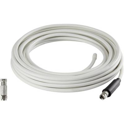White coaxial cable with an F-connector on one side and a metal screw connection on the other. Cable is coiled.