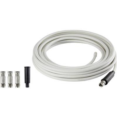 White cable alongside four coaxial connectors and a black adapter, suitable for TV connections or satellite reception.