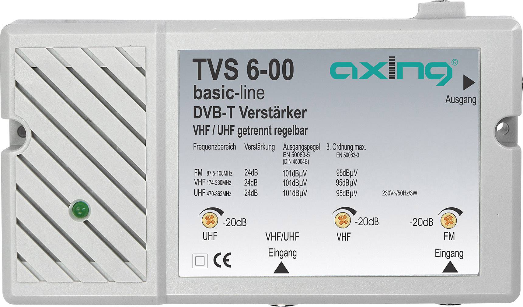 Axing TVS 14-00 4 Fach Verteilverstärker für kleine BK und terrestrische Netze mit UKW u Kabelfernsehen DVB-T2 HD & TVS 8-01 Zwei-Geräte-Verstärker 12 dB für TV und Radio Kabelfernsehen DVB-C 