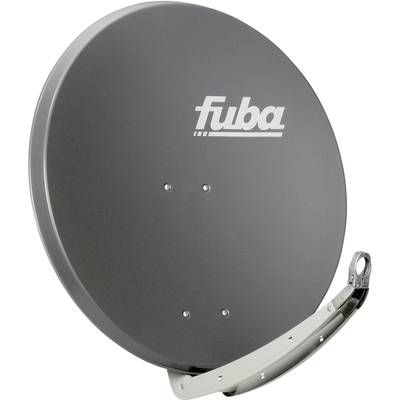 Satellite dish with a company logo, mounted on a bracket.