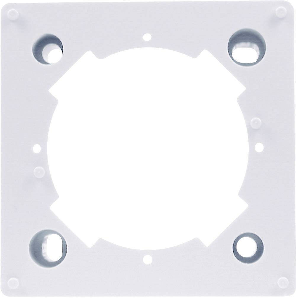 A square white adapter with round holes at the corners and a large central recess. Used for mounting.