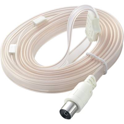 Transparent coaxial cable with white connectors at both ends, coiled and ready for use, suitable for TV connections.