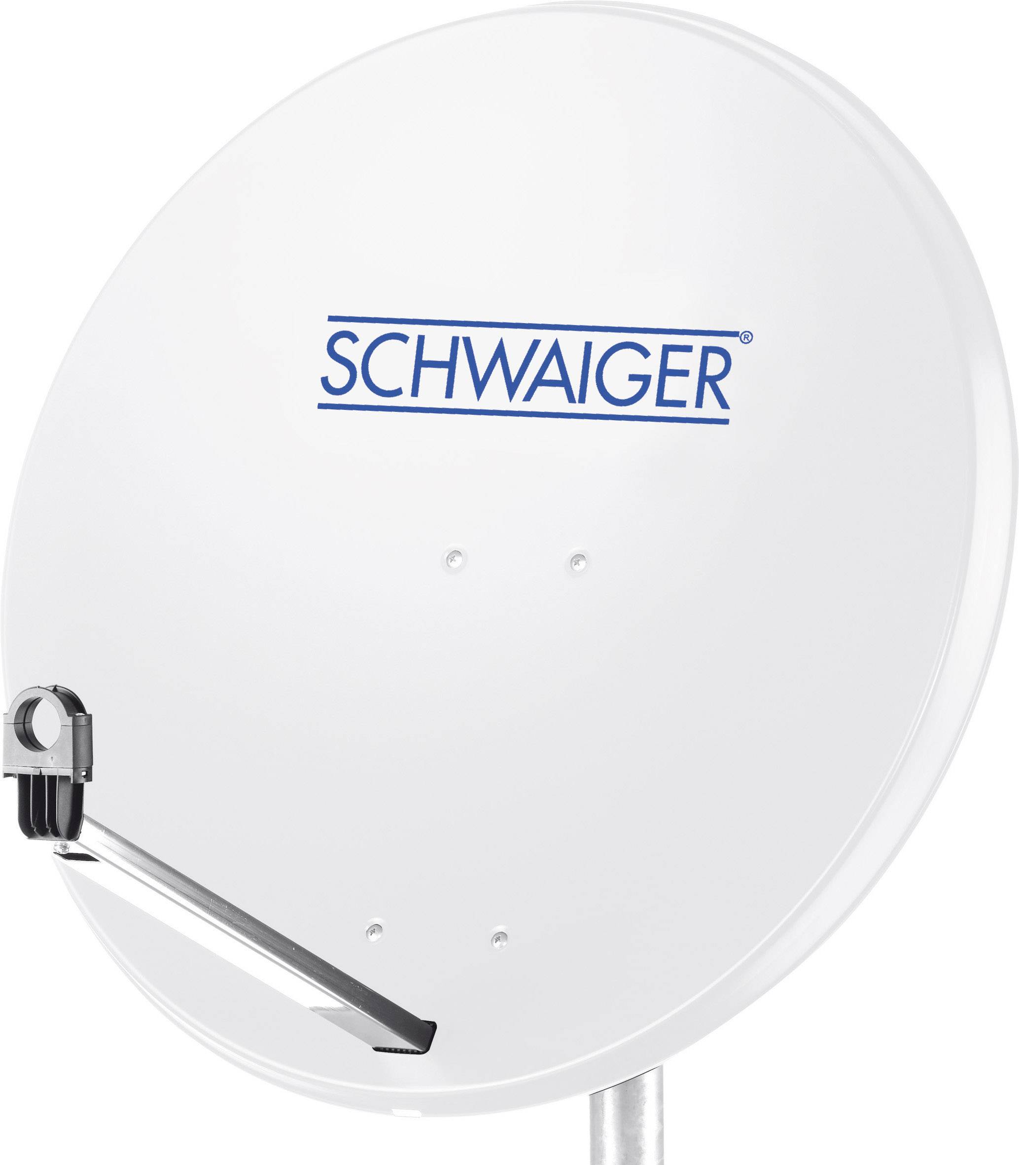 Satellite dish with 'SCHWAIGER' printed in blue, mounted on a pole.