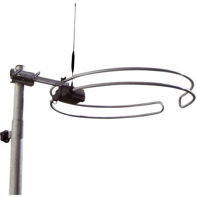 Round satellite dish with thin antenna, mounted on a metal mast, against a white background.
