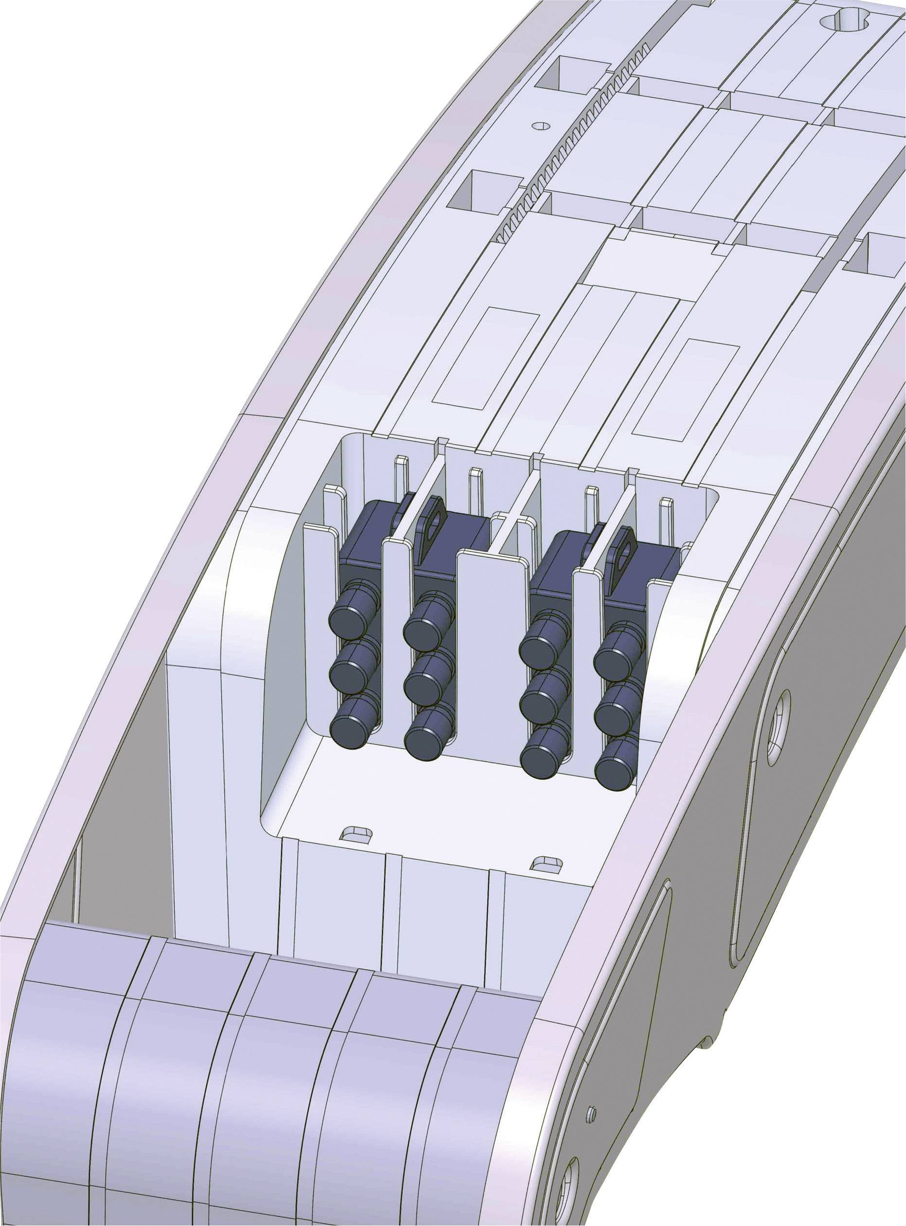 Close-up of a technical component with multiple connections and plugs within an enclosure. The image reveals the internal structure.
