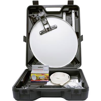 Satellite dish set in an open case, including satellite dish, mounting brackets, cables and instruction manual. Perfect for mobile reception.