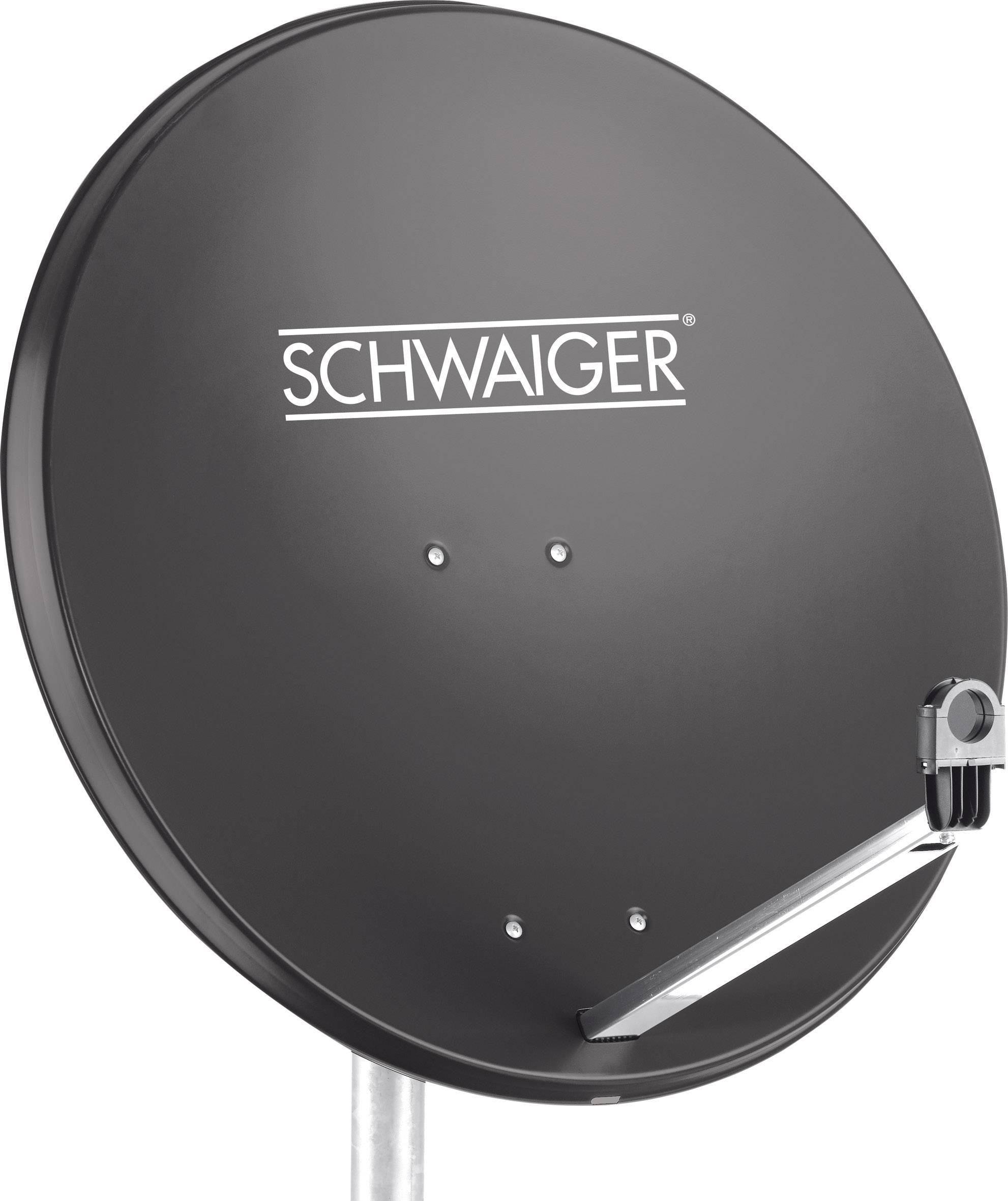 Black satellite dish with the inscription 'SCHWAIGER', mounted on a metal arm, against a neutral background.