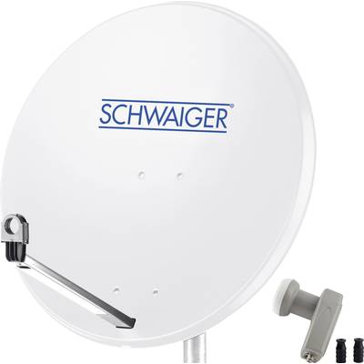 Schwaiger satellite dish, mounted on a pole, with LNB and two screw components.