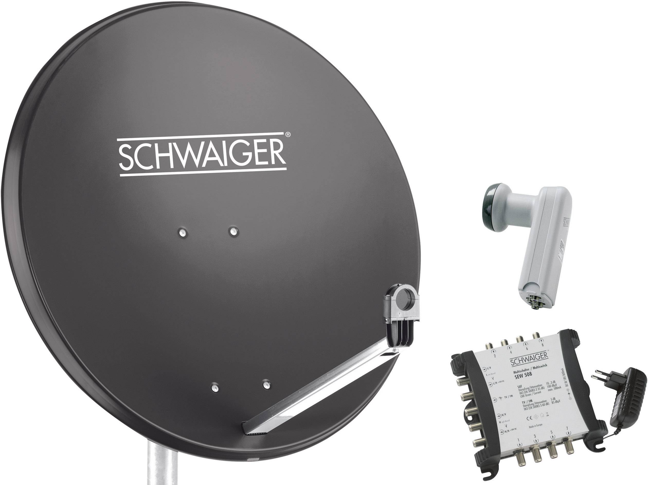 Satellite dish set with grey dish, LNB and multiswitch, suitable for receiving satellite signals.