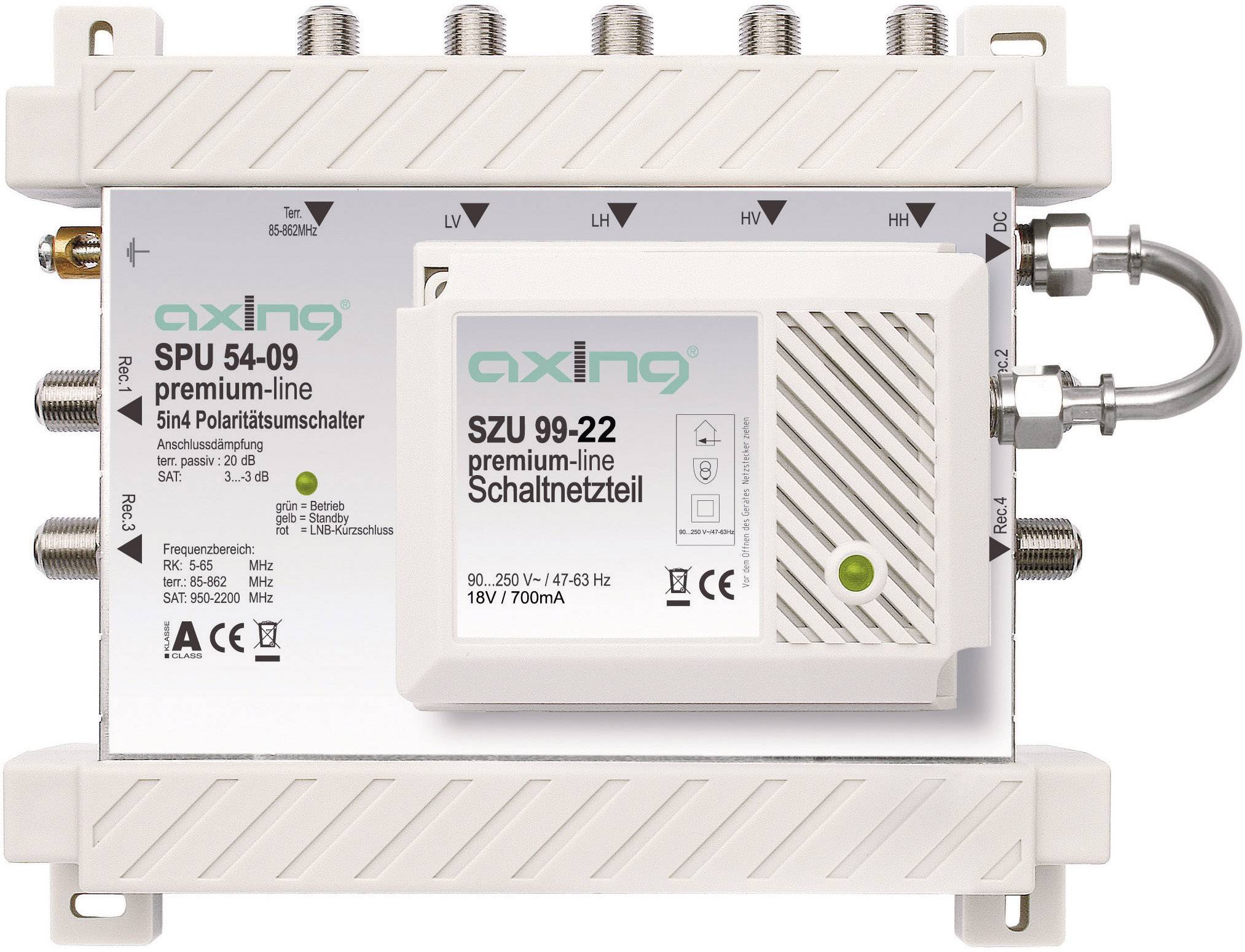 Axing SPU 54-09 SAT multiswitch Inputs (multiswitches): 5 (4 SAT/1 terrestrial) No. of participants: 4 Standby mode, Quad LNB compatible