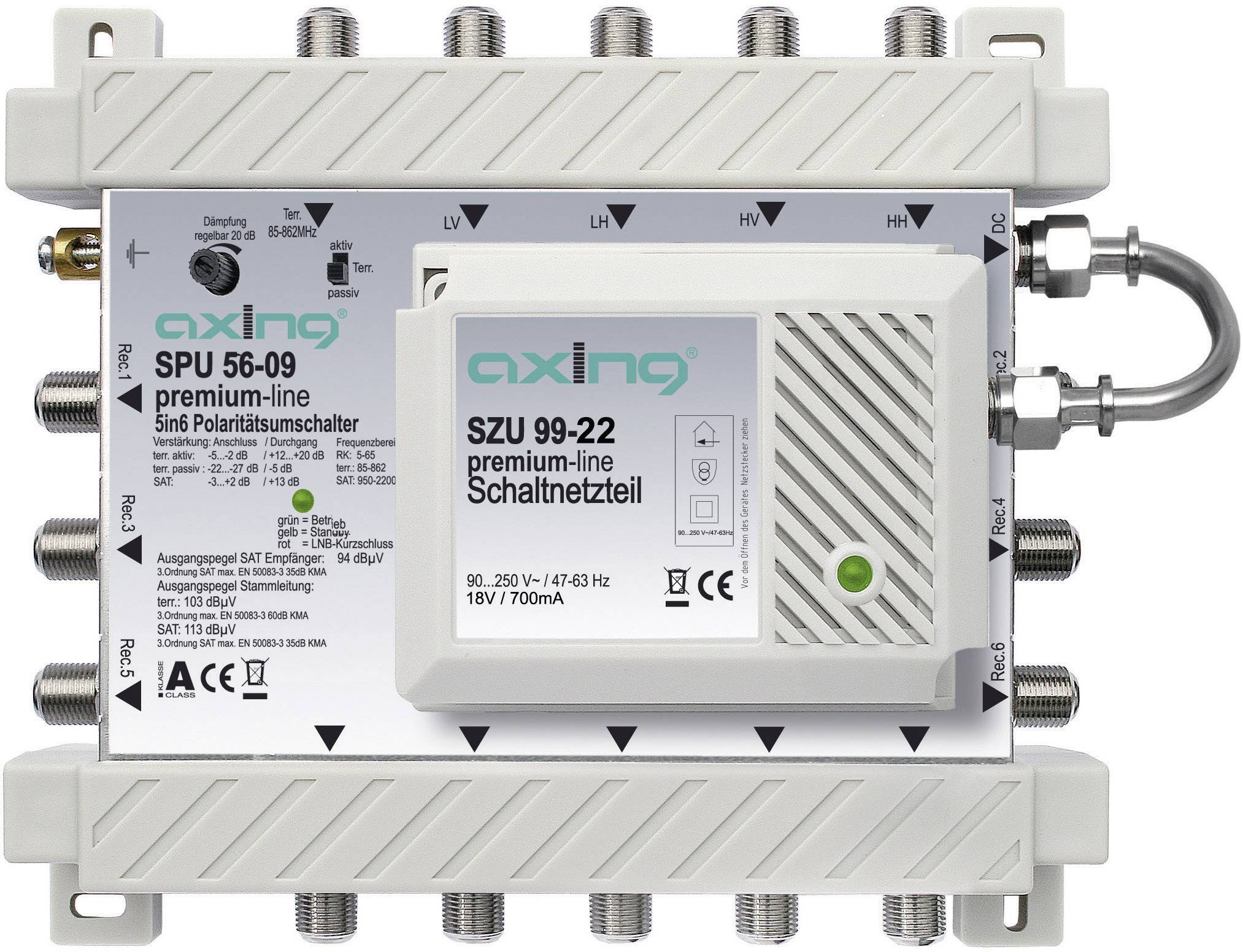 SAT multiswitch Axing SPU 56-09 Inputs (multiswitches): 5 (4 SAT/1 terrestrial) No. of participants: 6 Standby mode, Quad LNB compatible