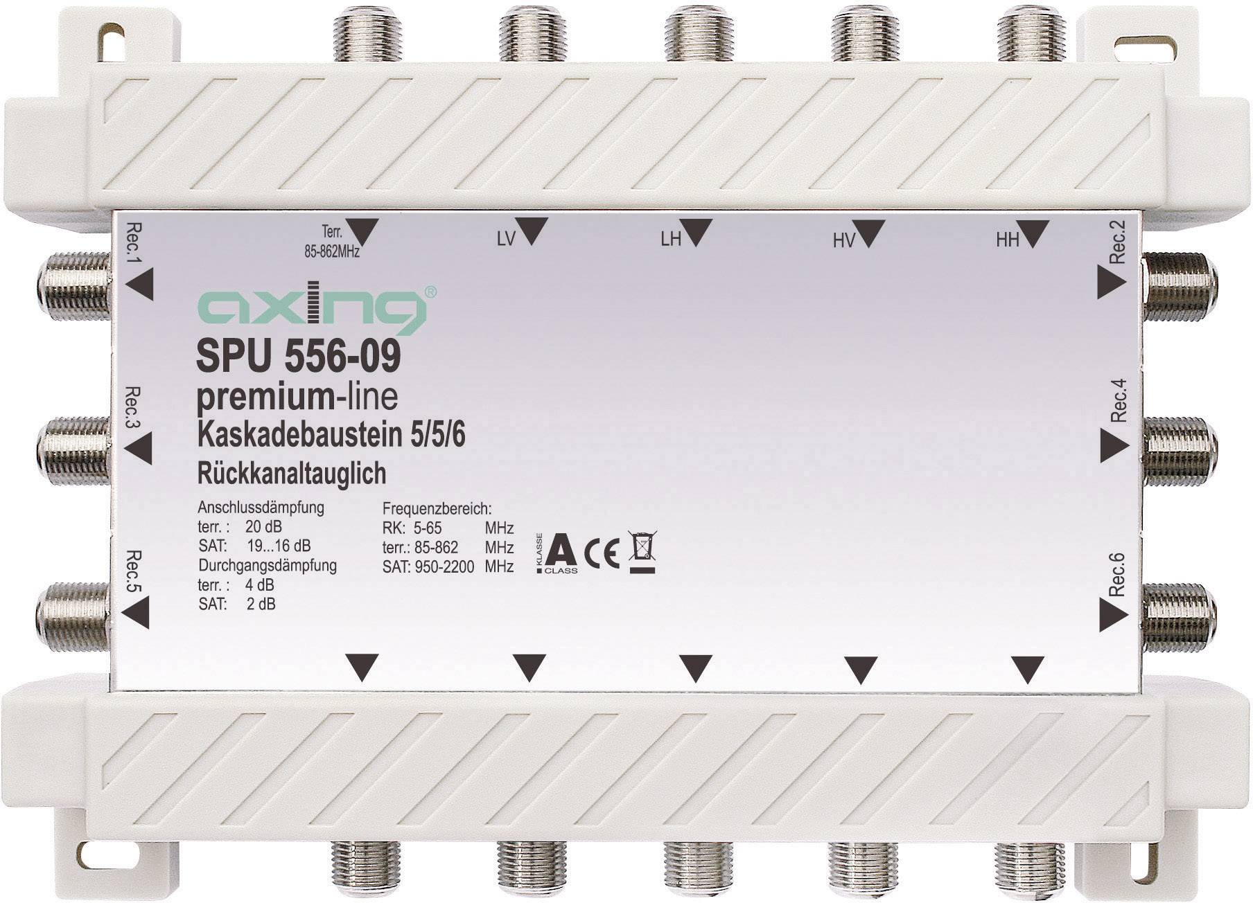 Axing SPU 556-09 SAT cascade multiswitch Inputs (multiswitches): 5 (4 SAT/1 terrestrial) No. of participants: 6