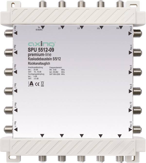 Axing SPU 5512-09 SAT cascade multiswitch Inputs (multiswitches): 5 (4 SAT/1 terrestrial) No. of participants: 12