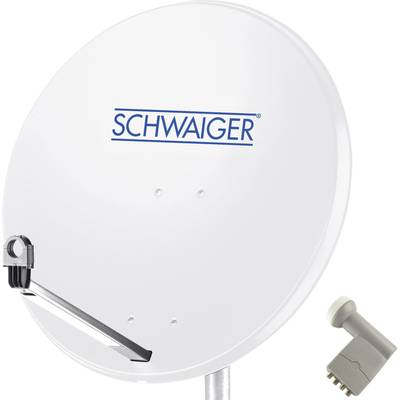 Satellite dish with 'Schwaiger' branding, white surface, mounted on a pole.