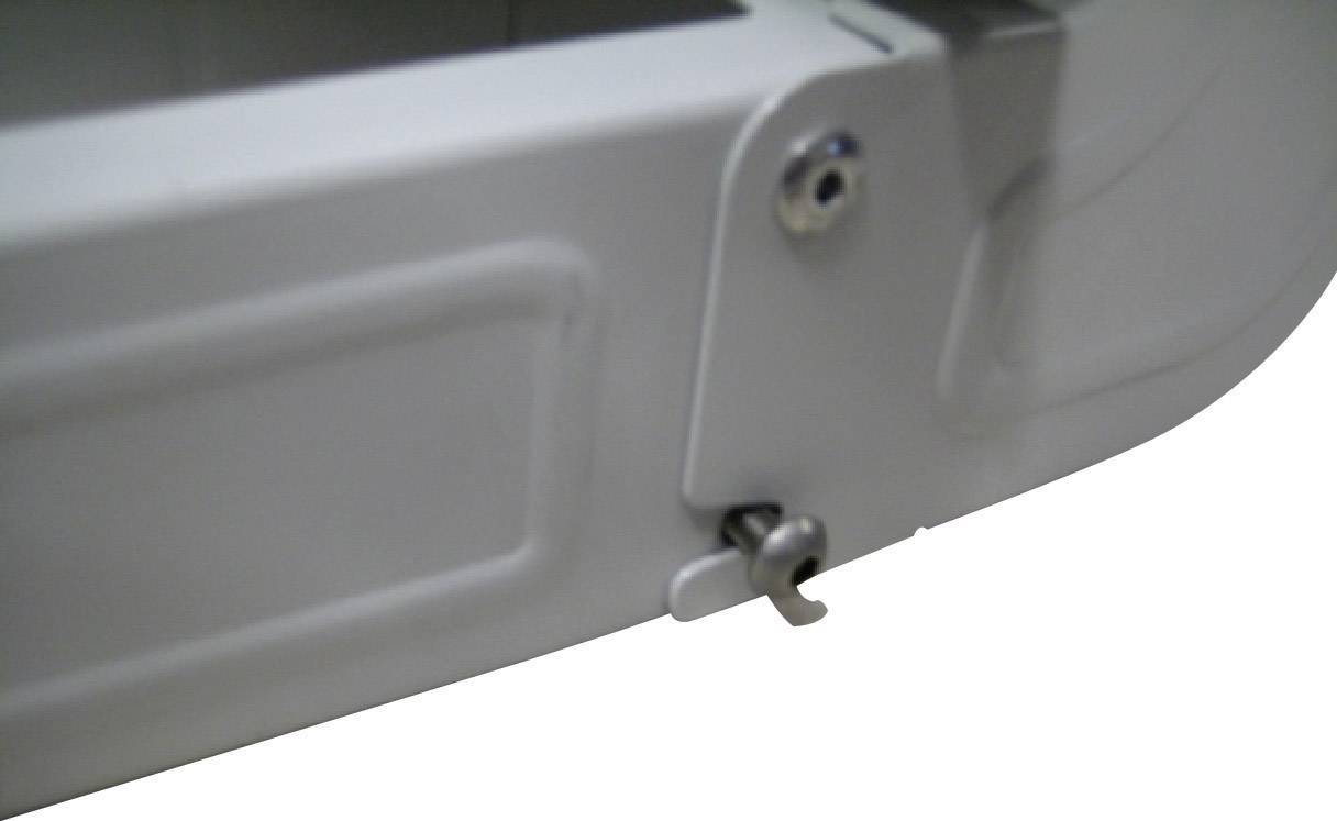 A white metal component with a hinge and hook. Likely part of a mechanism, such as a door or flap.
