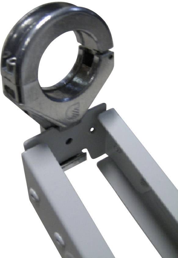 A metallic clamp holder mounted on a beam, showing parts of a fixing solution, presumably for pipes or cables.