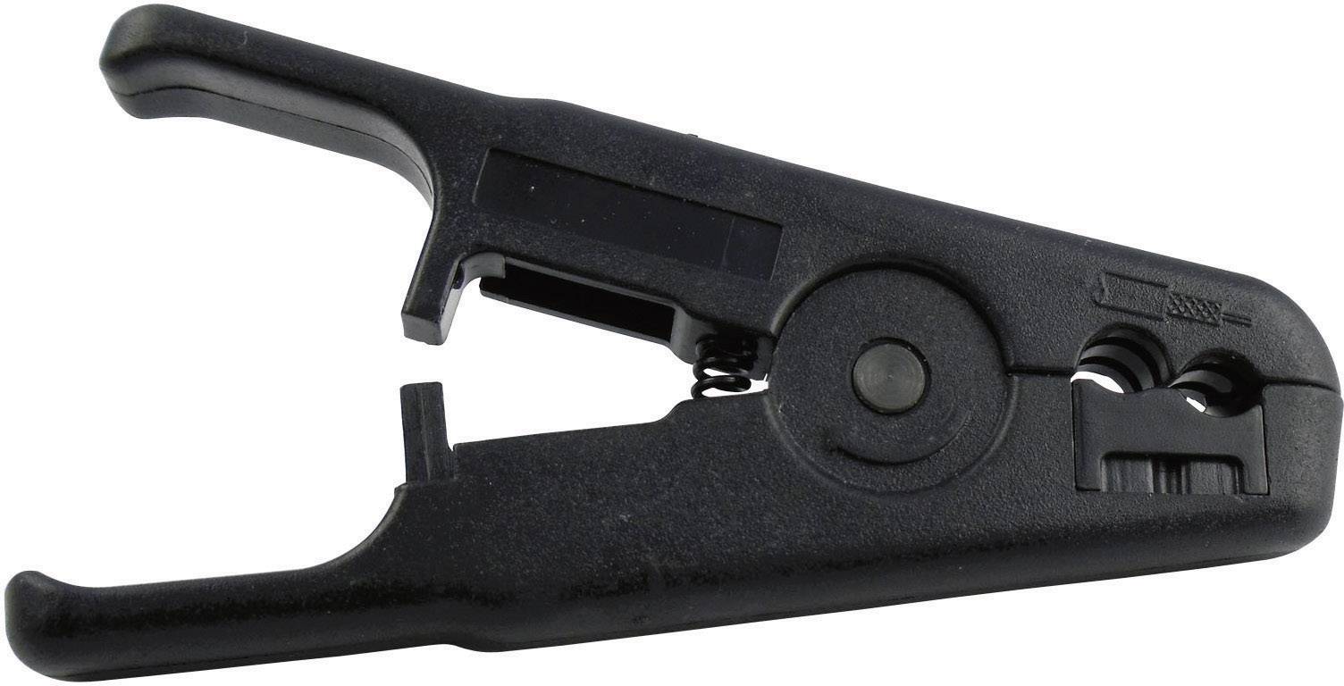 A black cable stripping tool with a blade and a handle. It is used to remove the insulation from cables.