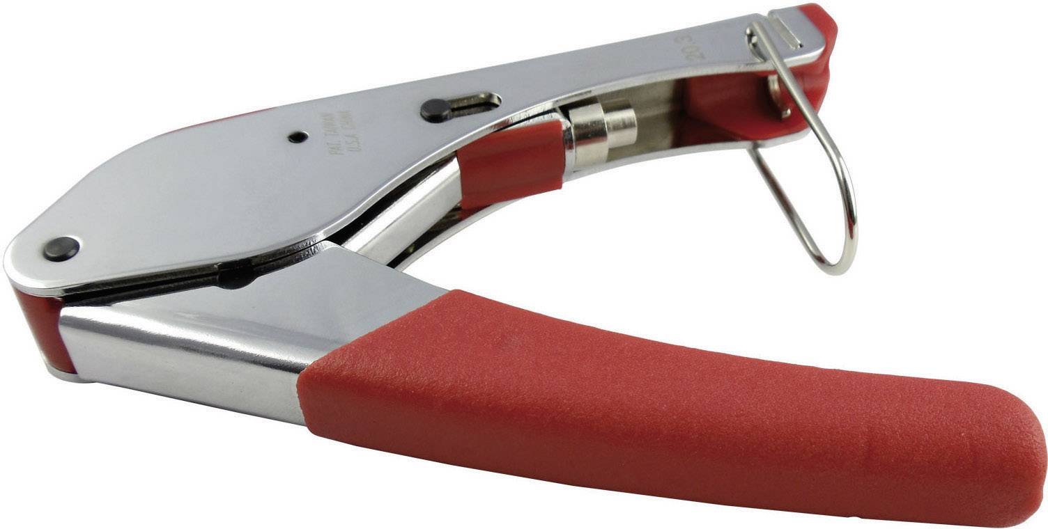 Label applicator with a red handle, used for applying labels to products.