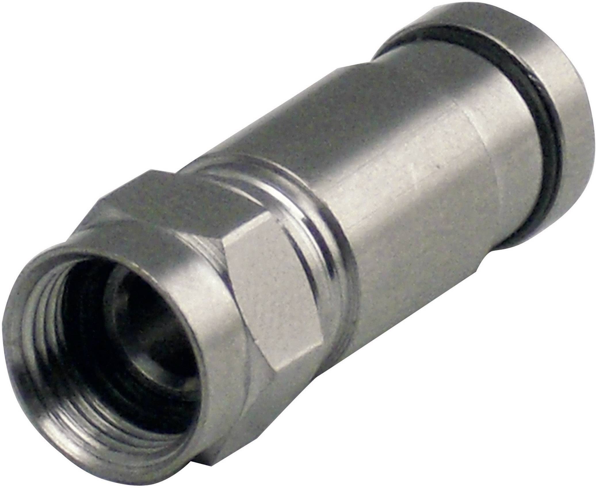 Cylindrical metal adapter with thread and hexagonal end, commonly used for coaxial cable connections.