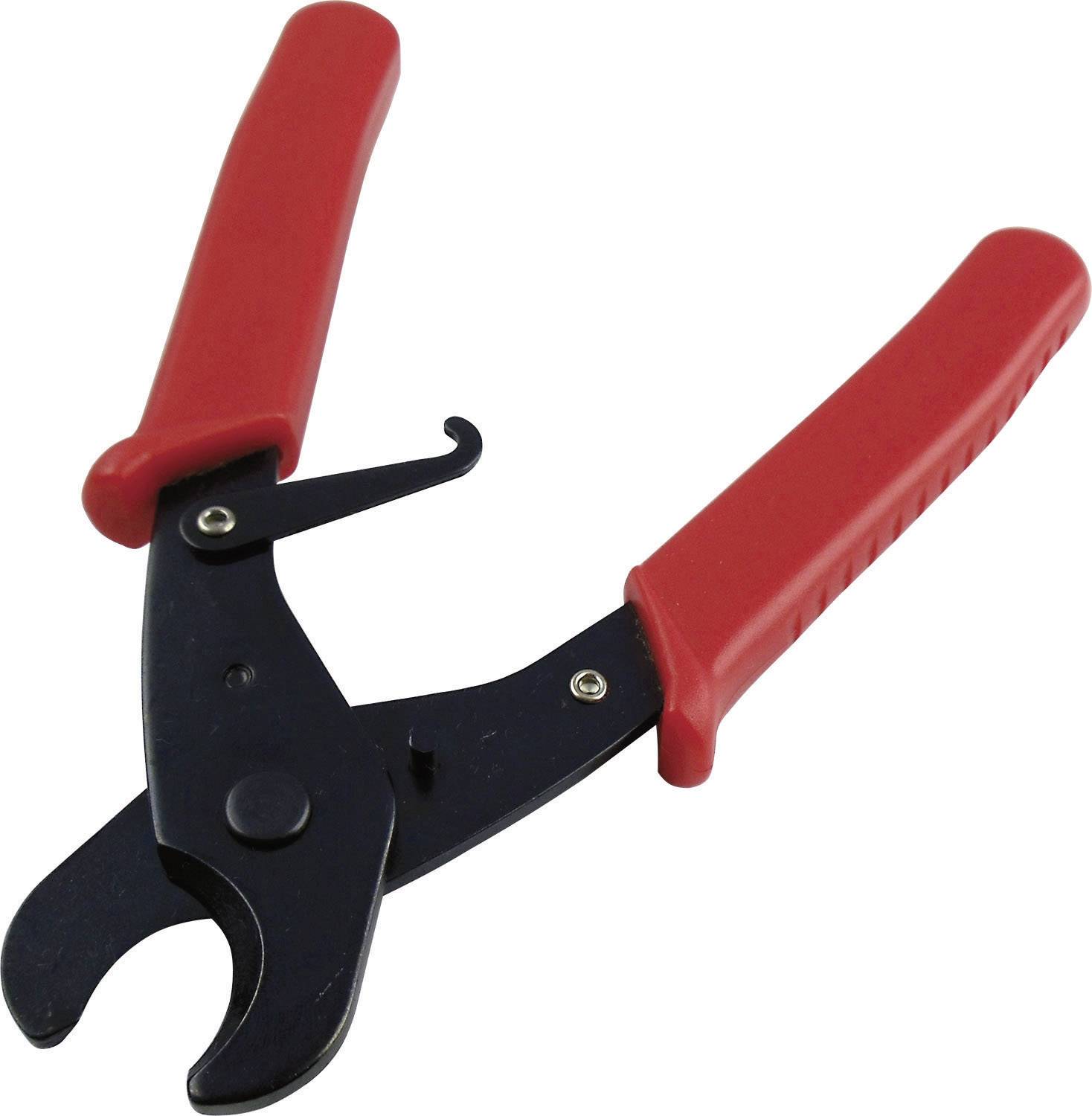 A red cable cutter with black blades and ergonomic handles, used for cutting wires or cables.