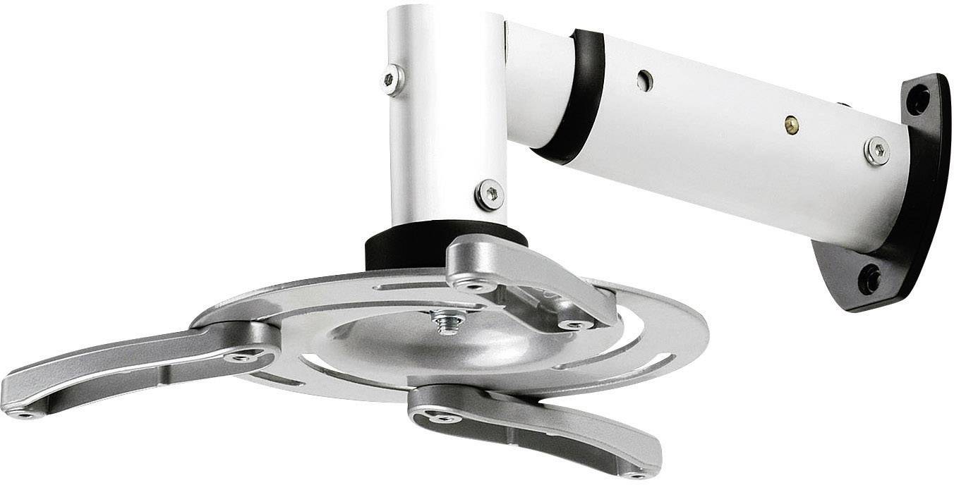 Ceiling mount for projector, white and black, with swivel arm and adjustable mounting brackets.