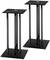 Two black metal speaker stands with rectangular platforms and sturdy poles, suitable for adjusting the height of speakers.