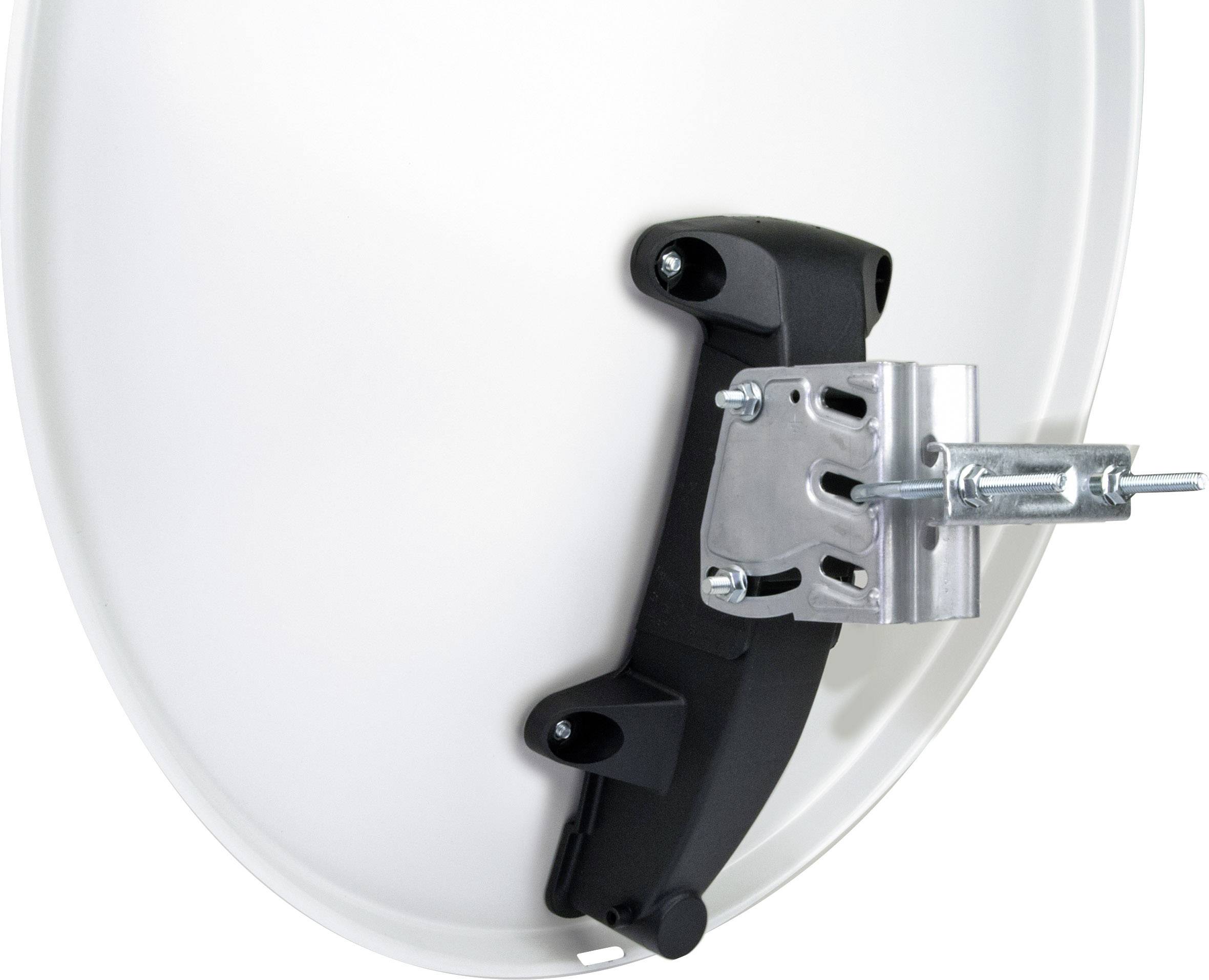 Satellite dish with mounting bracket on a wall, showing the top left part of the dish and its fixings.