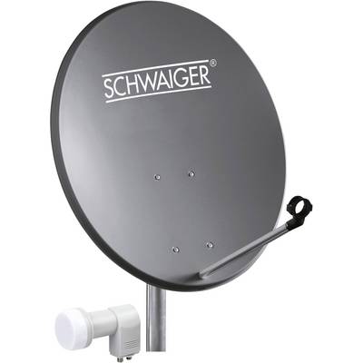 Satellite dish with 'Schwaiger' branding, mounted on a metal pole, with a white receiver device connected.