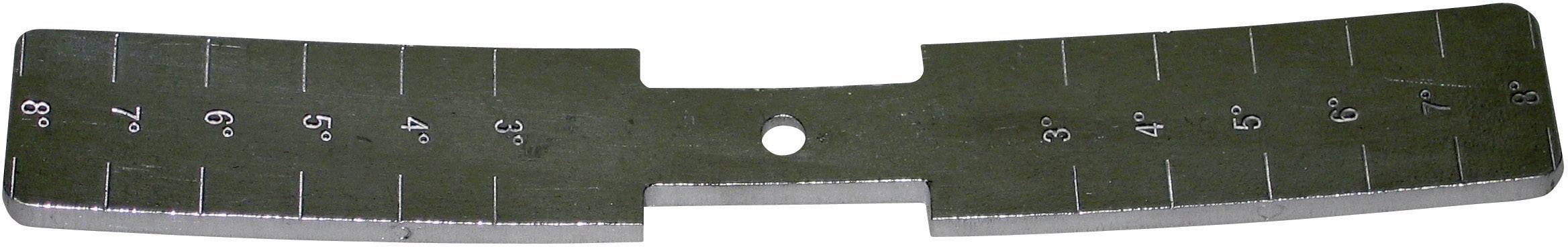 Metal strip with markings from 1 to 8 on both sides, hole in the centre; presumably a measuring tool for thickness or distances.