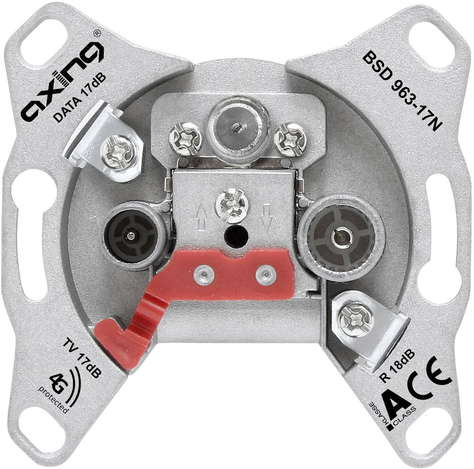 Satellite end socket with three connections, two labelled 'TV 17 dB' and 'DATA 17 dB'. Silver-coloured with a red element.