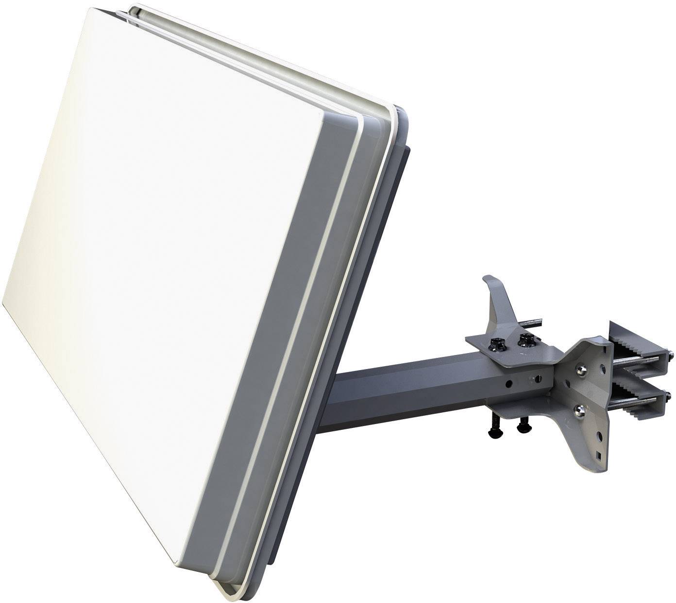 A white satellite communications device with a right-angled mounting bracket, designed for installation on a pole or wall.