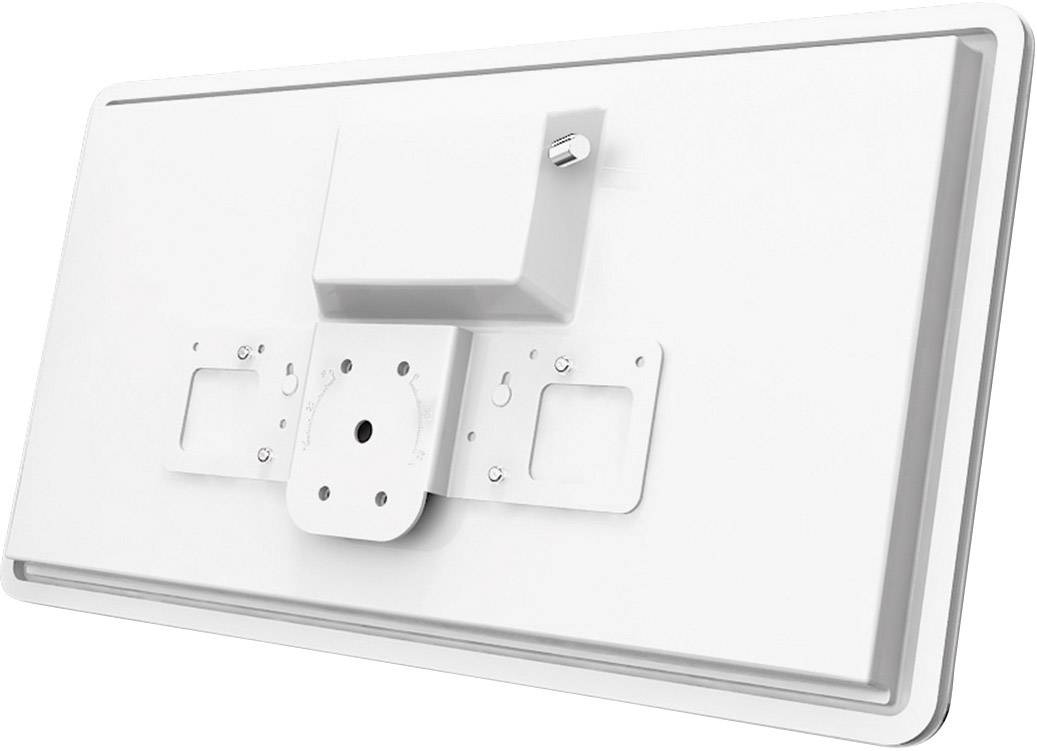 White satellite dish with mounting bracket, side view.