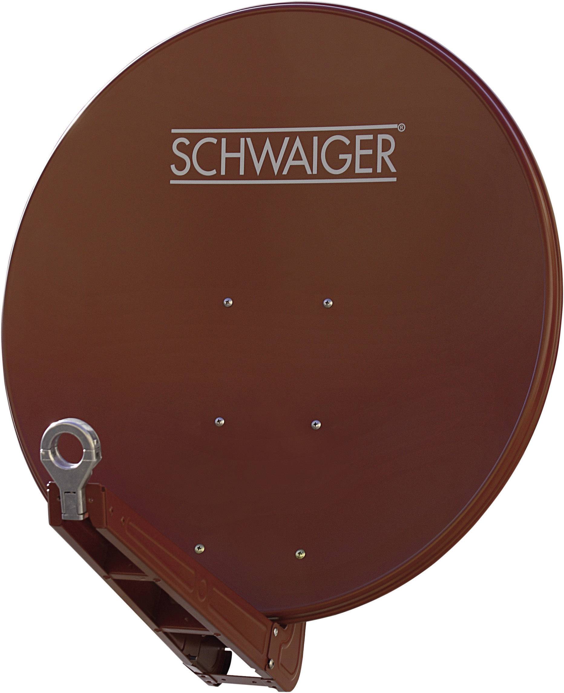 Brown satellite dish with 'SCHWAIGER' printed on it, mounted on a bracket.