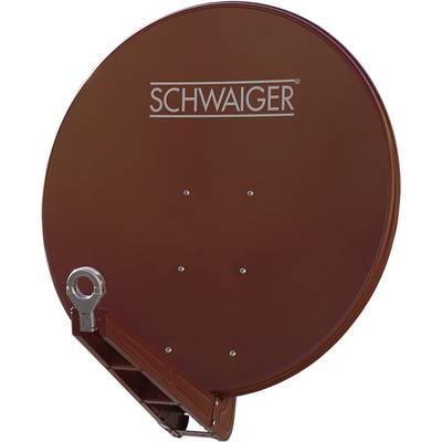 Brown satellite dish with 'SCHWAIGER' printed on it, mounted on a bracket.