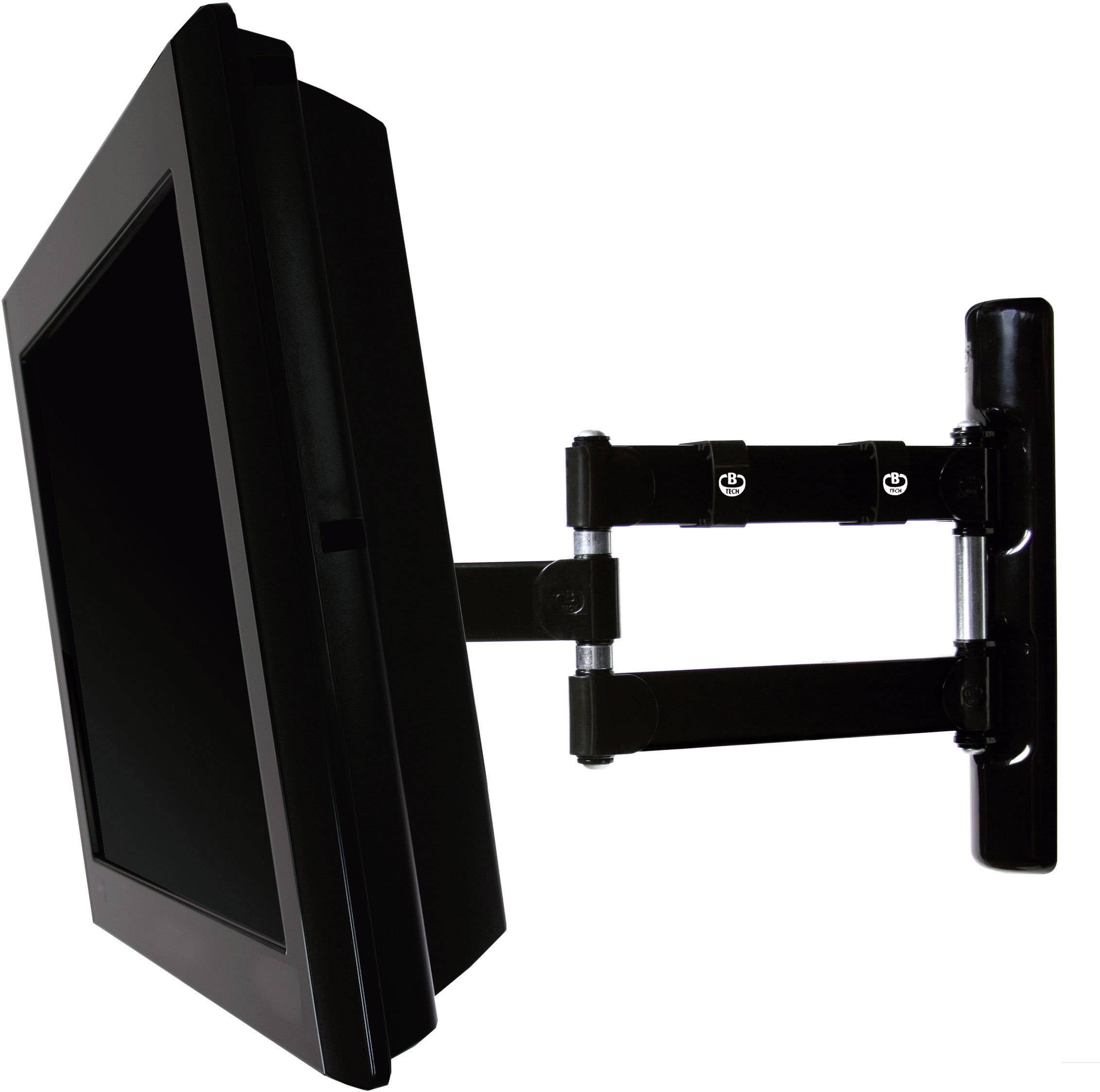 A black monitor is mounted on a pivoting wall bracket that can be adjusted in various directions.