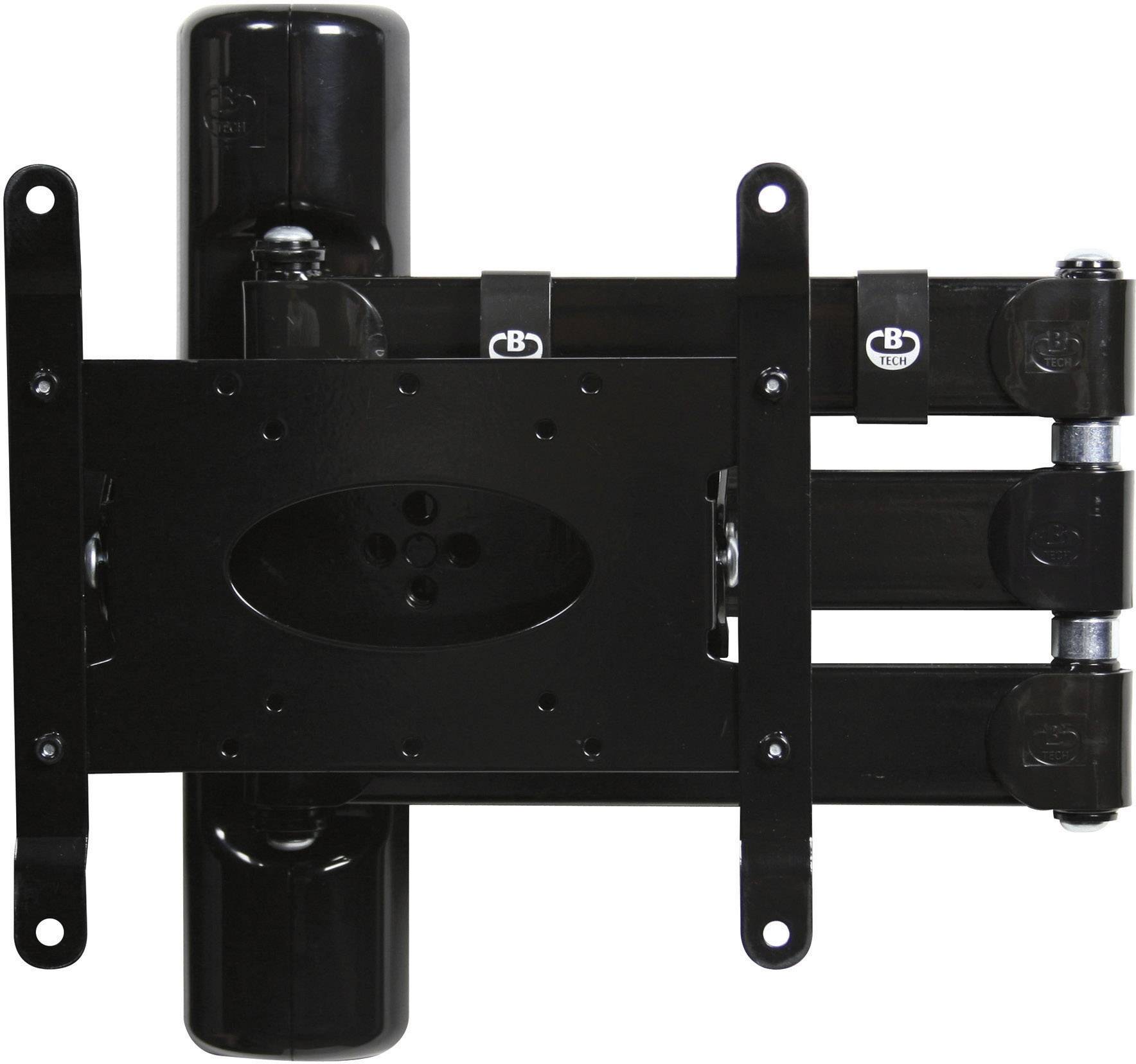 Black TV wall mount with multiple joints and mounting points, suitable for horizontal and vertical installation.