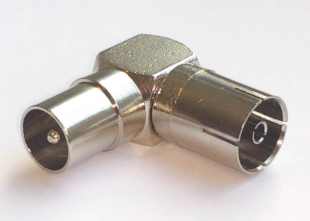 A silver antenna adapter with a 90-degree angle. It has male and female coaxial connectors for connecting TV cables.