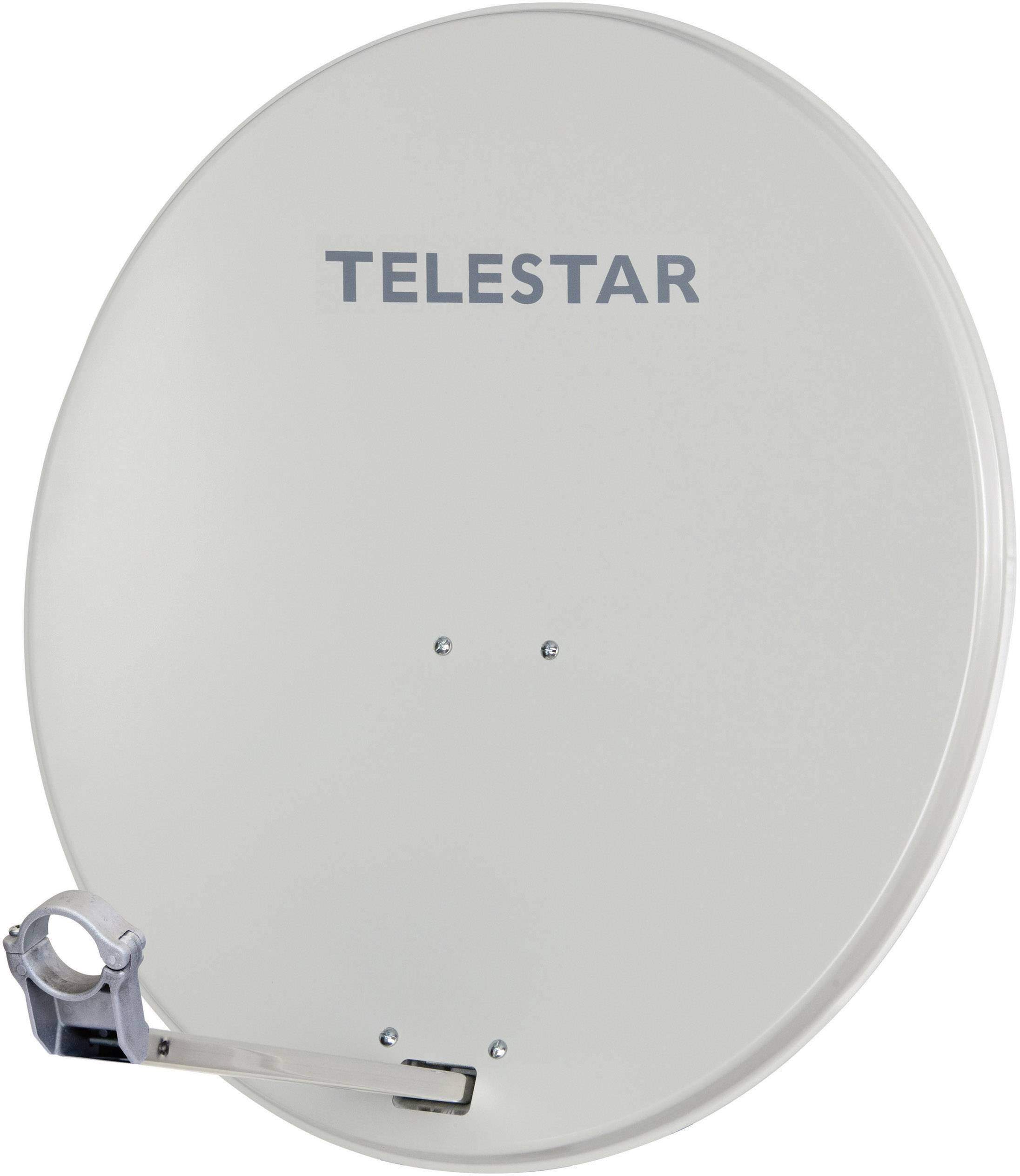 'White satellite dish with "Telestar" inscription in the centre, mountable on a wall bracket.'
